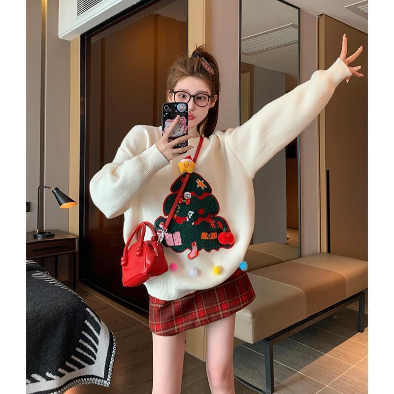圆领圣诞毛衣女2024新款冬季设计感小众奶fufu慵懒重工内搭针织衫