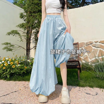 蓝色花苞裙裤女夏季新款高腰宽松显瘦垂感灯笼裤小个子休闲阔腿裤
