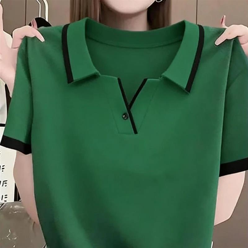 浩浮精选2女士气质POLOT恤衫夏季百搭洋气拼接撞色翻领短袖女装