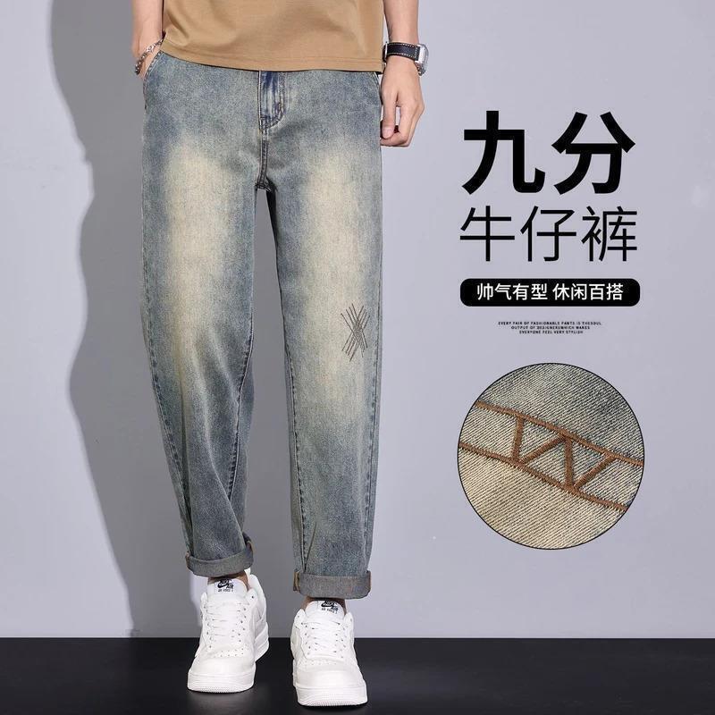男邦生活馆3夏季薄款微锥小直筒宽松休闲牛仔裤男个性绣花九分裤