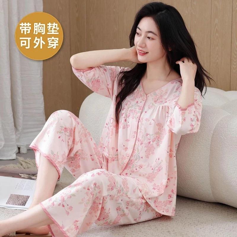 古格优选百货新款夏季带胸垫女睡衣舒适透气可外穿宽松家居服套装