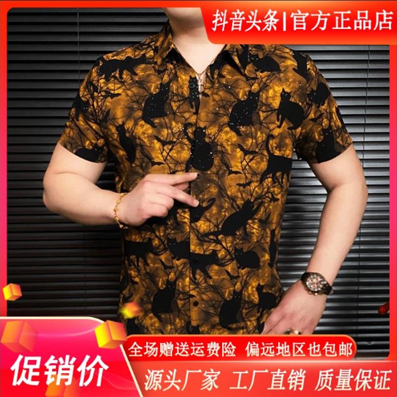 枫善服饰Amphelisia夏季新款梦幻空间猫男士翻领短袖休闲潮流衬衫