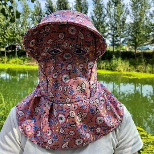 新款碎花格子遮阳帽户外采茶护全脸下地干活遮挡紫外线护颈大檐帽