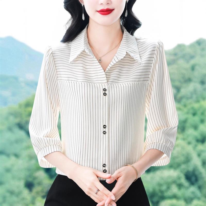 中年妈妈春夏季polo领竖条纹七分袖衬衫女士套头衬衣减龄雪纺上衣