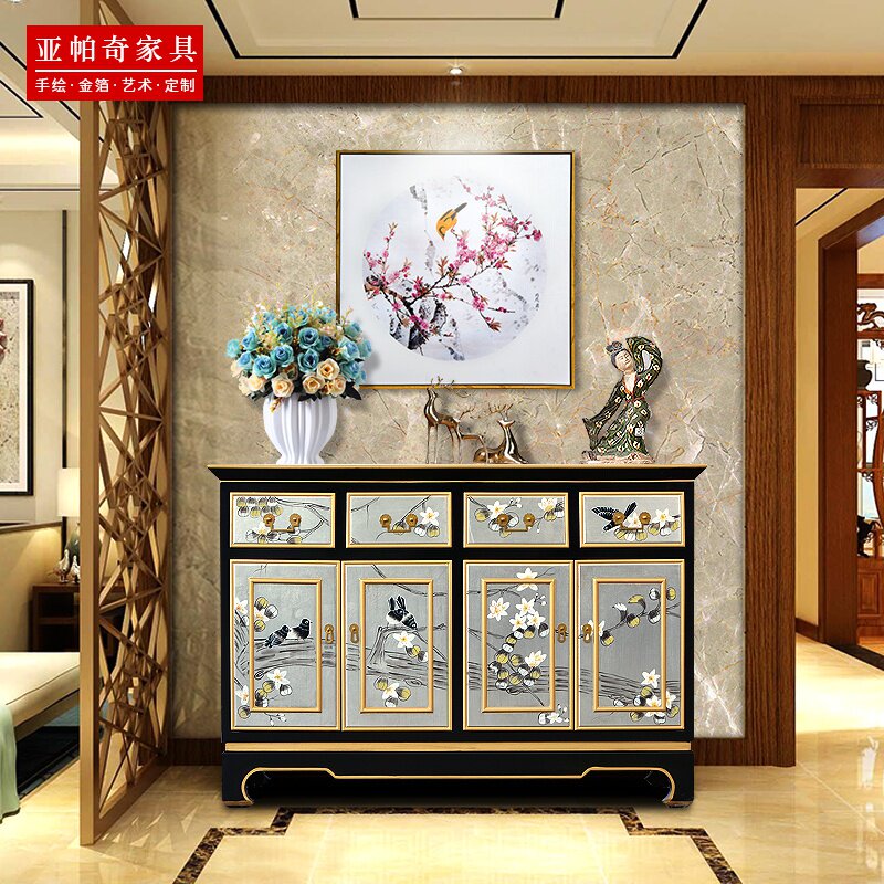 新中式玄关柜彩绘客厅混搭装饰柜素雅古典进门鞋柜玄关柜隔断实木