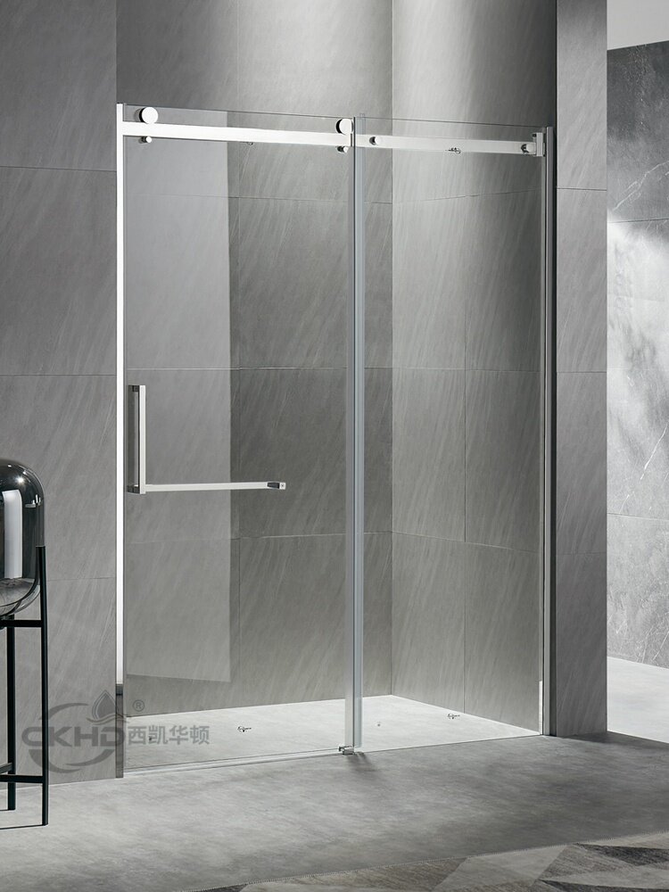 窄边细边框不锈钢无底框单移淋浴房推拉门移门一字形整体浴室隔断