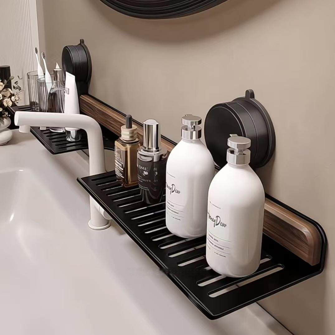 胡桃木置物架卫生间浴室洗手台水龙头吸盘式洗漱用品护肤品收纳架
