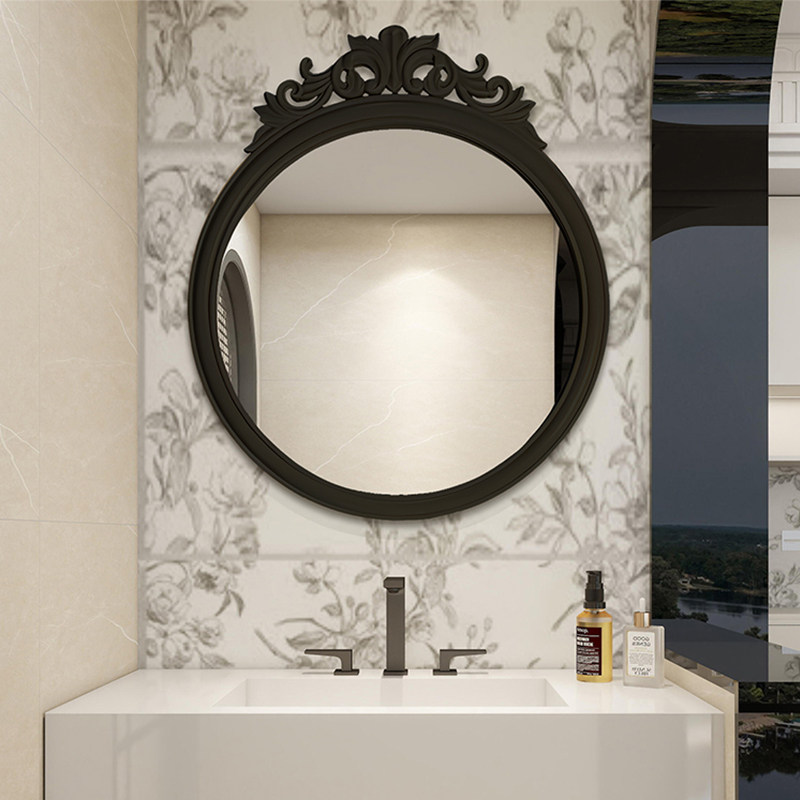 法式圆形雕花化妆镜高级软装样板房装饰镜复古双台盆轻奢浴室镜子