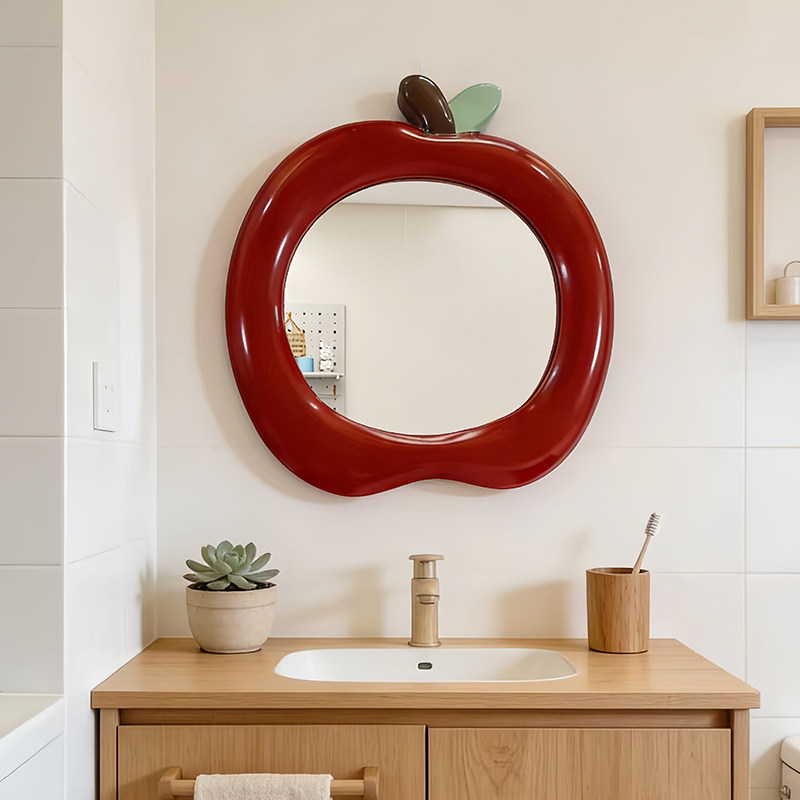 可爱苹果造型艺术镜奶油风卧室壁挂化妆镜北欧ins风儿童房装饰镜