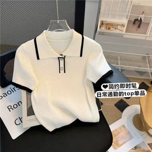 T恤 小香风Polo领针织衫 女夏季 韩系短款 小个子上衣甜辣风卡腰短袖
