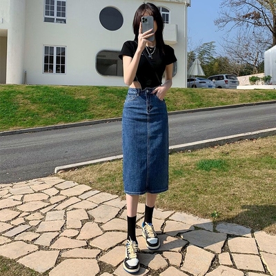 牛仔半身裙女后开叉包臀裙2024新款夏秋韩版高腰显瘦中长款a字裙