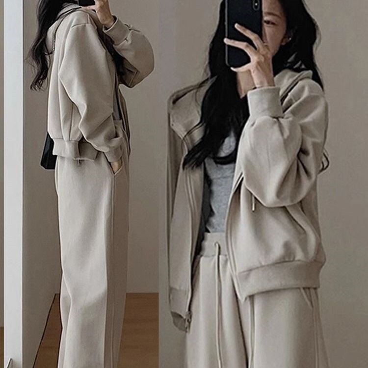 봄 가을 겨울 의류 차 스타일 의상 살찐 소금 스타일 한국 드라마 발랄한 스트리트 재킷과 스포츠 투피스 슈트 완전 세트