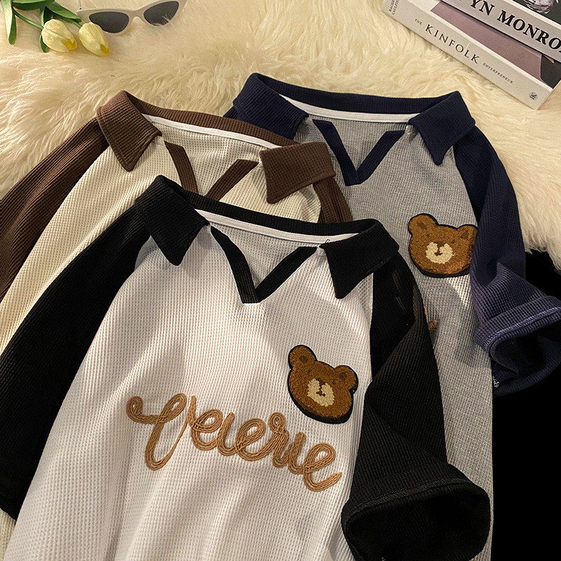 华夫格潮牌撞色POLO领刺绣小熊宽松半袖T恤衫5527-P35控45女类,女装T恤,电商B245A