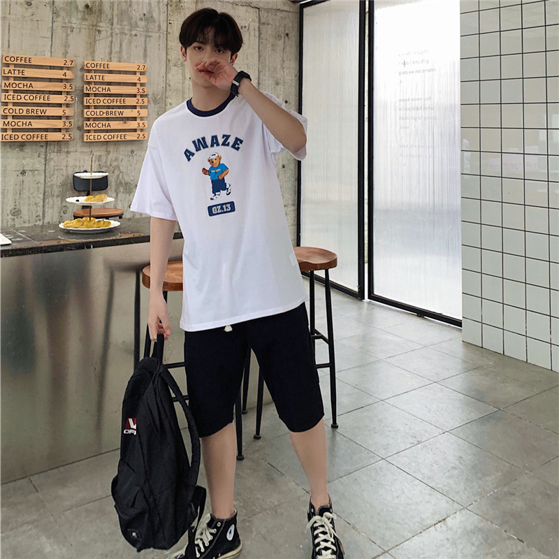 夏港風小熊情侶裝恤男女寬鬆日系短袖上衣女類