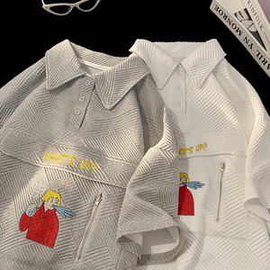 ins港风夏季潮POLO领华夫格半拉链提花宽松半袖T恤5535-P45控58图片