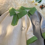 ins港风华夫格撞色提花POLO领兔子刺绣半袖T恤衫5529-P42控55，男装T恤，电商B245A