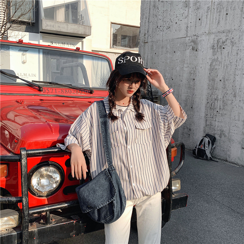 College style couple's striped short sleeve shirt