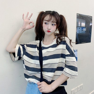2020夏装大版半袖女宽松上衣拼色条纹短袖T恤女B262-T839-P25