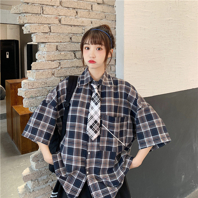 Neutral style sub shirt loose short sleeve versatile shirt with tie for women