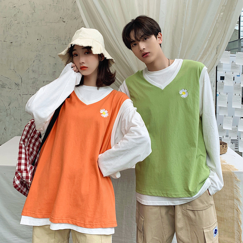 Pure cotton fake two pieces of lovers' sweater men and women Daisy students' Korean clothes loose top T-shirt