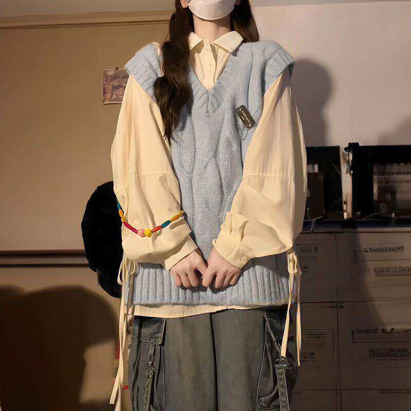 单件套装秋季日系甜美蓝色麻花针织马甲背心毛衣女杏色绑带衬衫