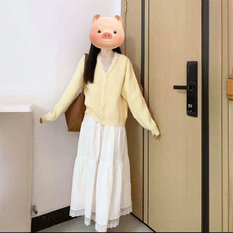 甜美可爱蝴蝶结白色吊带连衣裙女奶黄色针织开衫毛衣外套两件套装