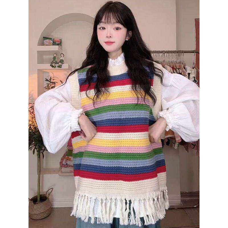 韩版学院风彩虹条纹流苏针织毛衣背心马甲女秋冬白衬衫两件套装