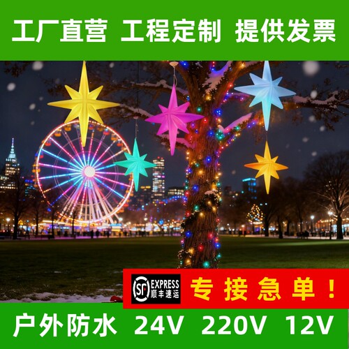 圣诞节八芒星吊灯LED发光星星灯户外防水工程亮化街道景观挂树灯