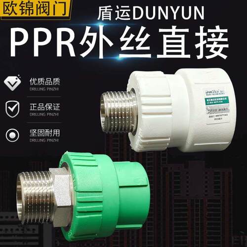盾运绿色PPR管接头白色热熔管防爆外丝外牙铜接头20/25/32PPR水管