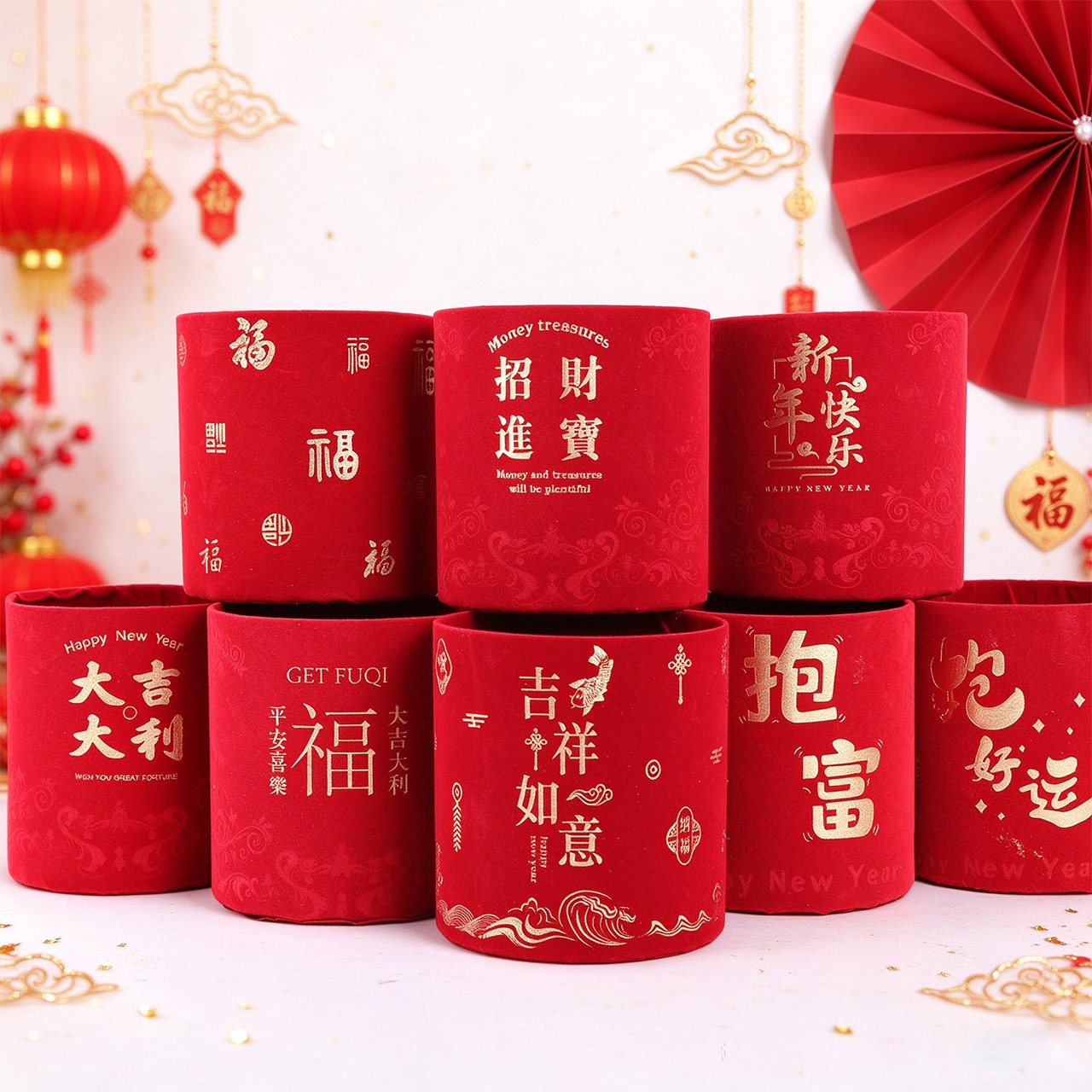 新年绒布福桶招财进宝抱抱桶多福冬青银柳插花桶年宵花盒乔迁摆件