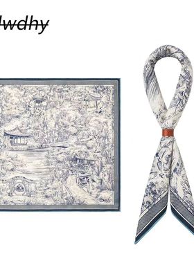 Pbpr男女同款黑白复古棉麻领巾诗韵江南水墨风园林双面异色方巾