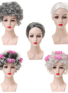 亚马逊开学100天灰色老爷爷假发老奶奶假发包租婆造型老婆婆假发