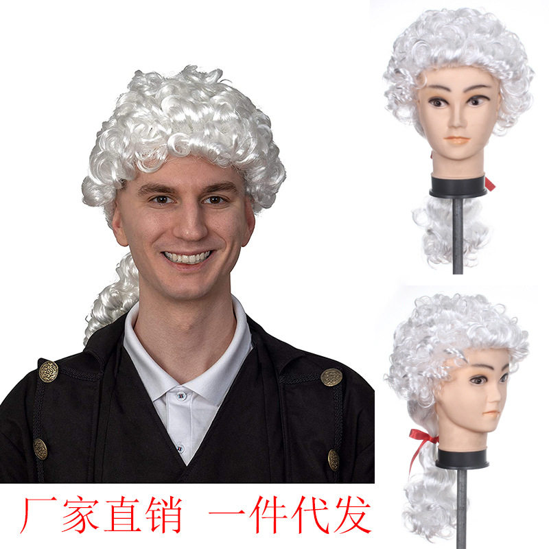 欧美白色假发殖民地粉状带马尾