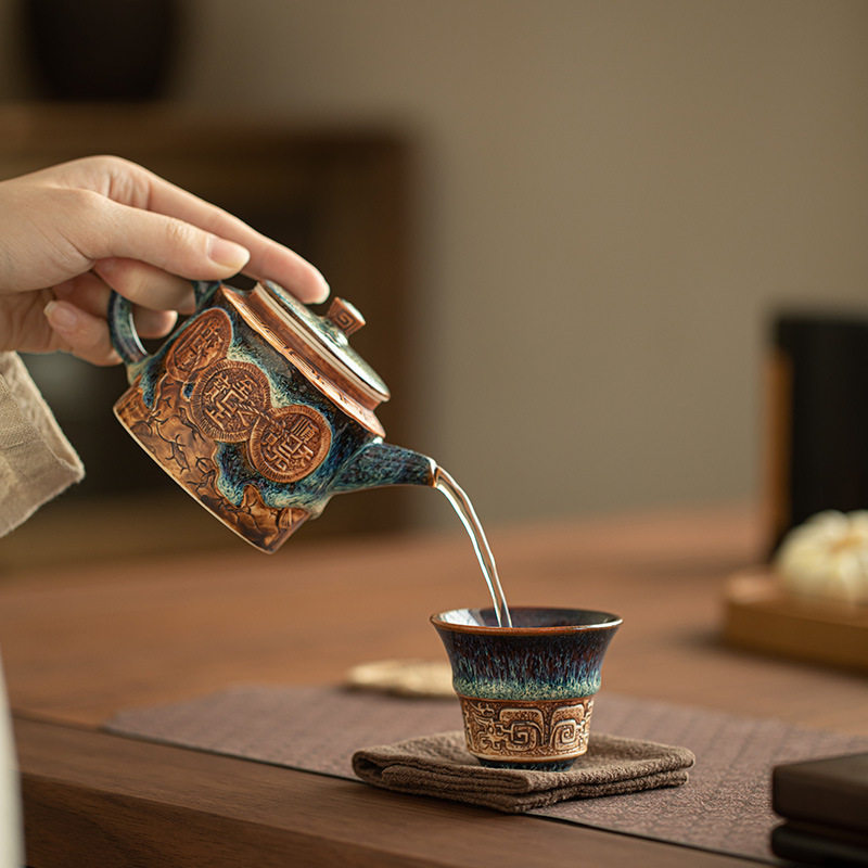 仿古青铜陶瓷浮雕刻字茶杯礼品