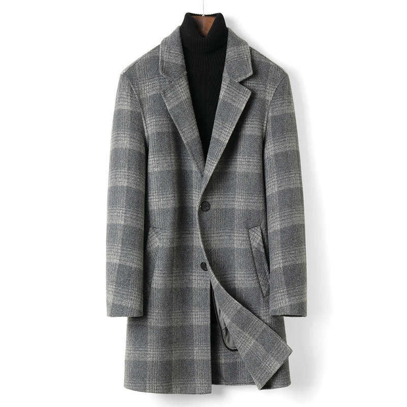 秋冬手工双面羊绒大衣男中长款格子双面呢英伦风衣S17035-P380，男装风衣，电商A237