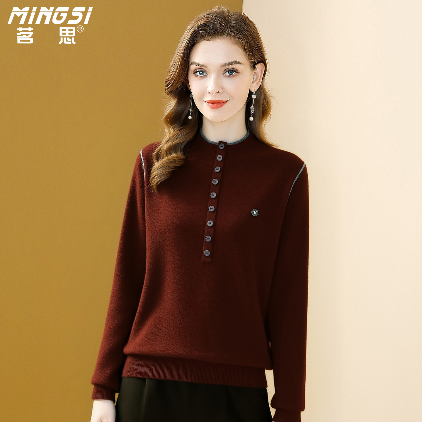 纯羊毛半高领套头长袖针织衫女