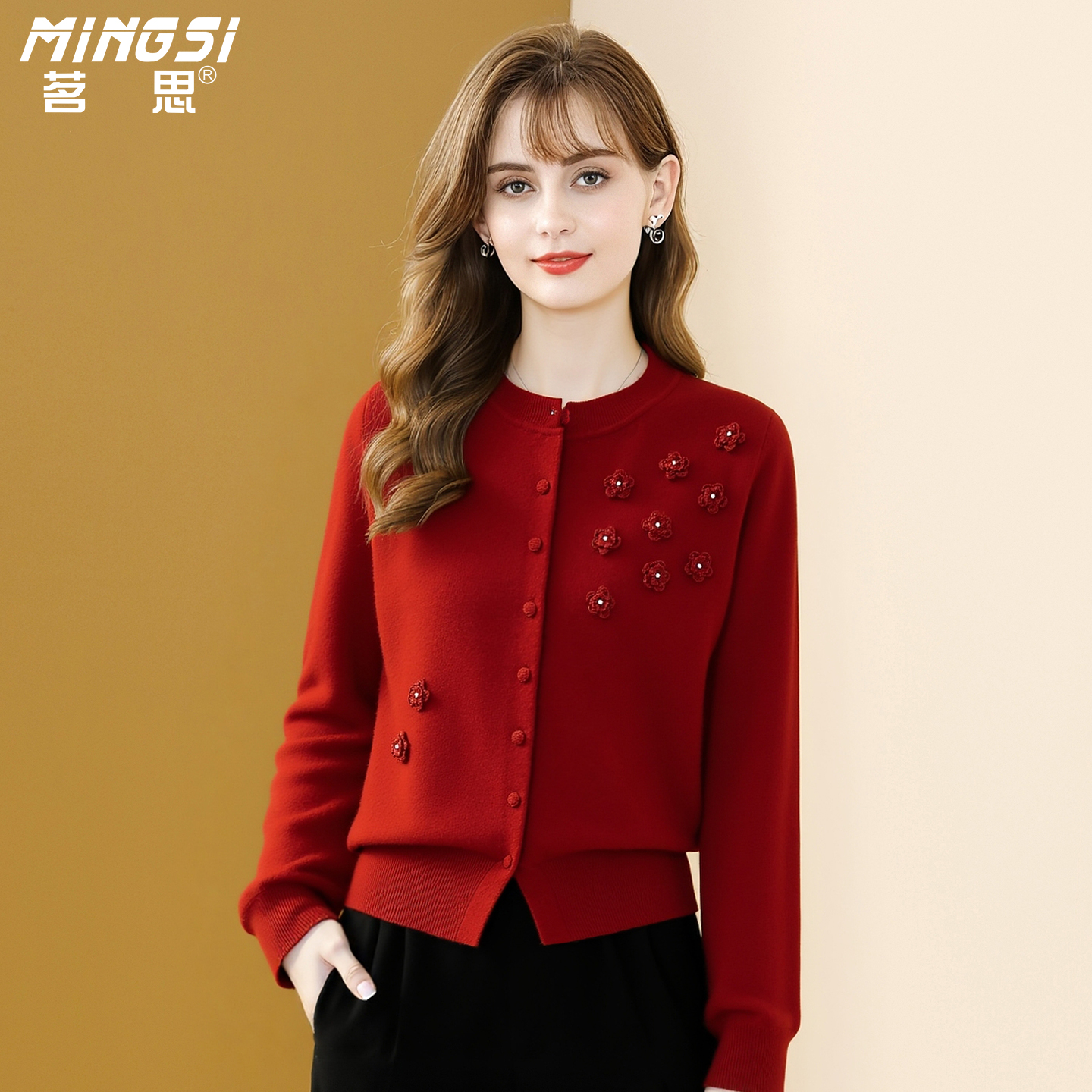 立体花朵红色纯羊毛针织开衫女