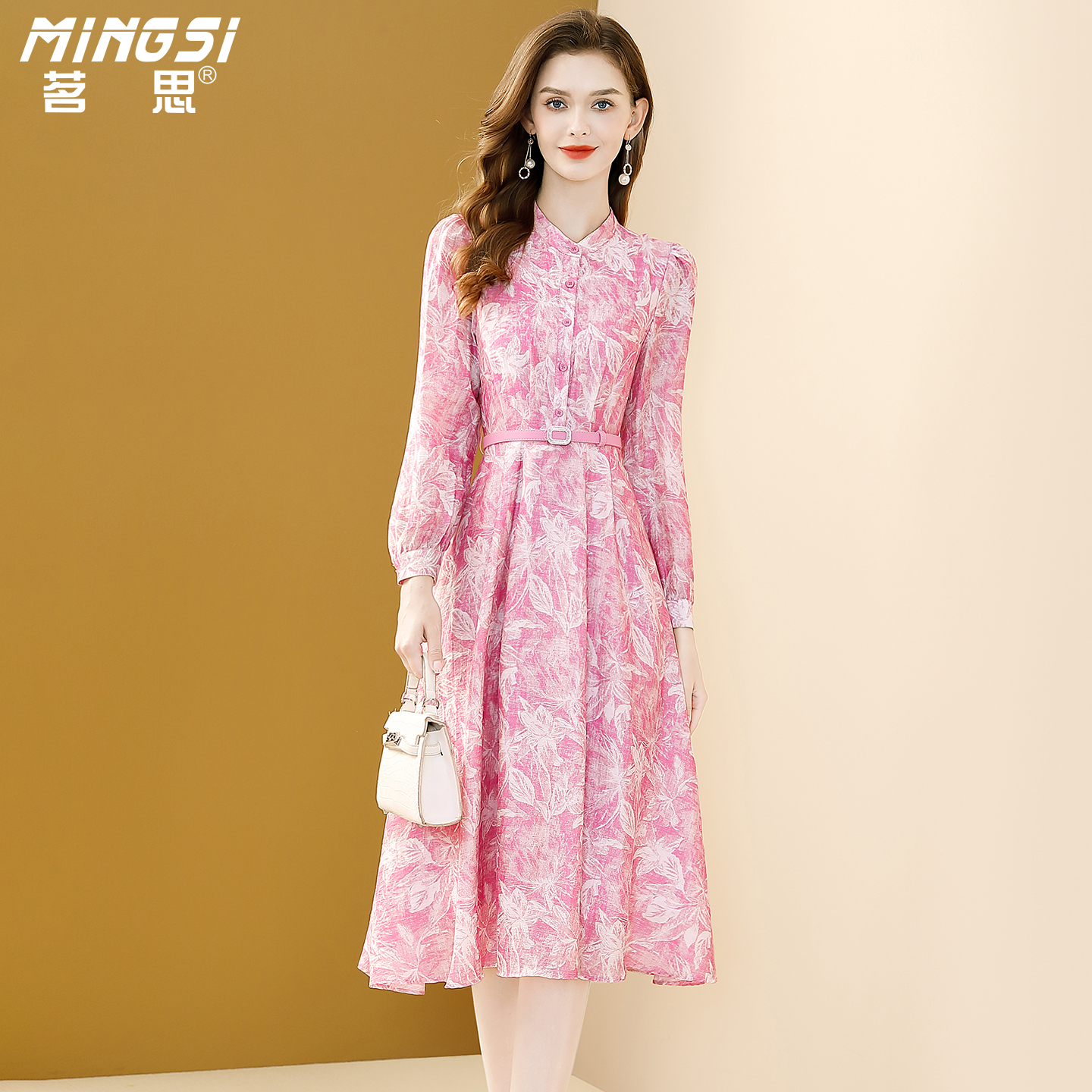 长袖立领印花天丝中长连衣裙女