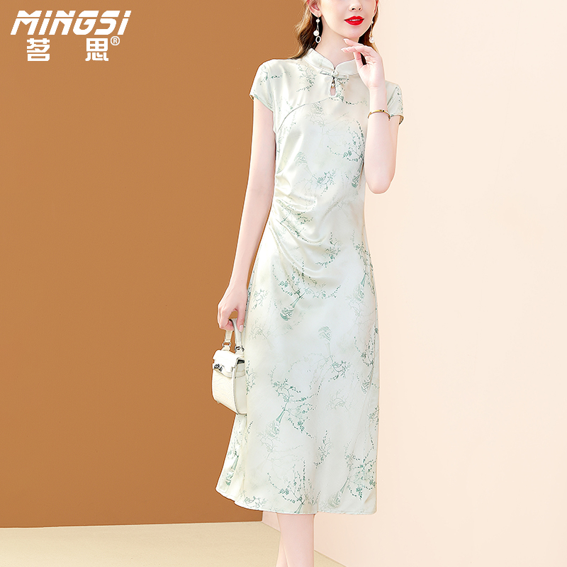 新中式国风印花修身旗袍连衣裙