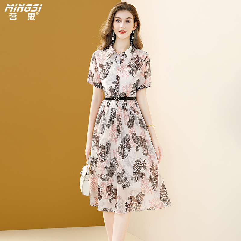 法式气质翻领短袖衬衫印花连衣裙