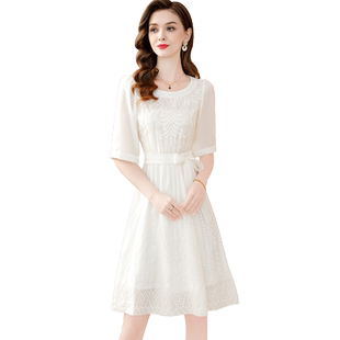 茗思高档精致白色连衣裙女2026新款夏季洋气小个子法式天丝中长裙