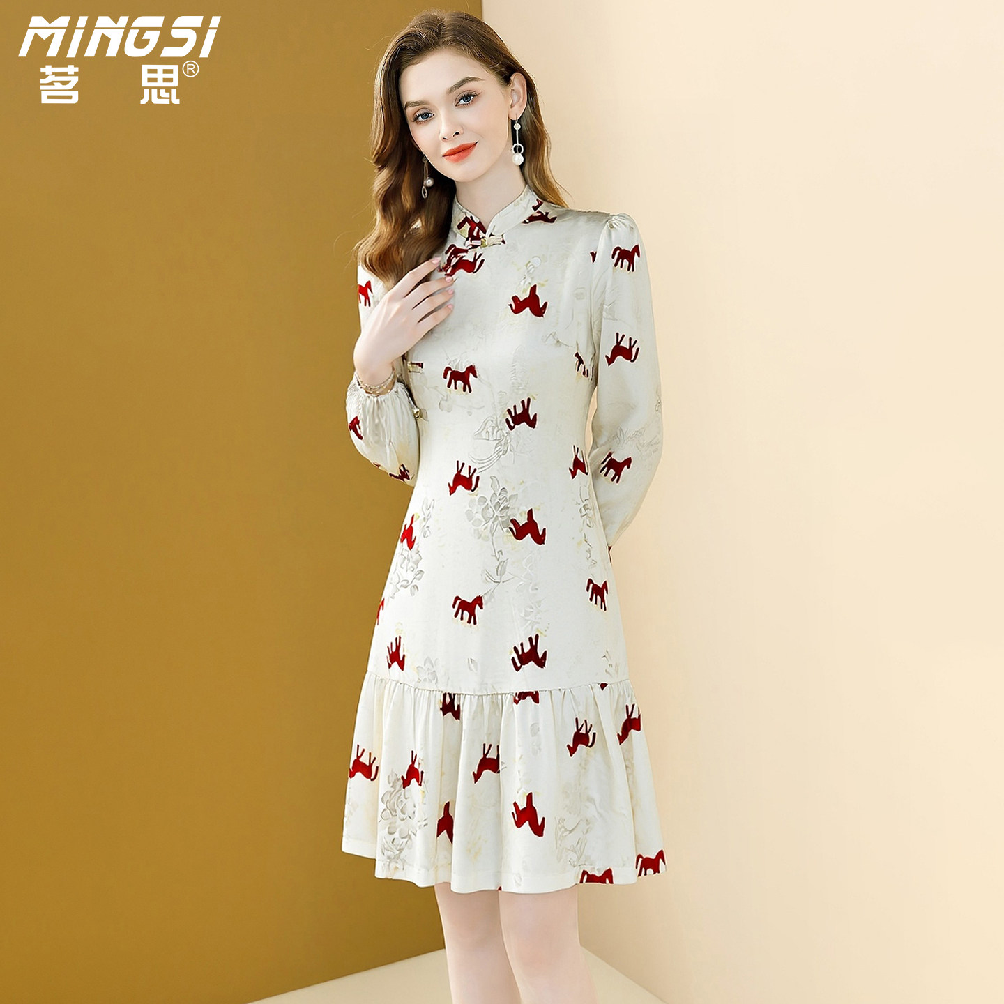 茗思新中式旗袍连衣裙女2026春季新款人丝国风盘扣印花显瘦鱼尾裙,女装/女士精品,连衣裙,淘宝优惠券,粉丝福利购,淘宝优惠卷