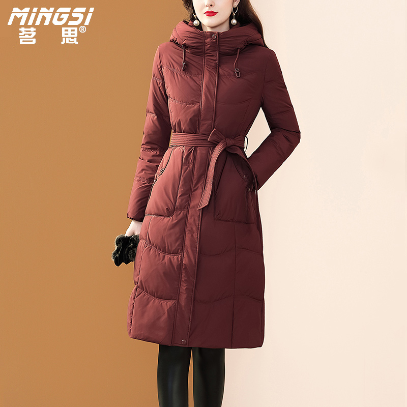 冬季中长款轻薄鸭绒连帽羽绒服