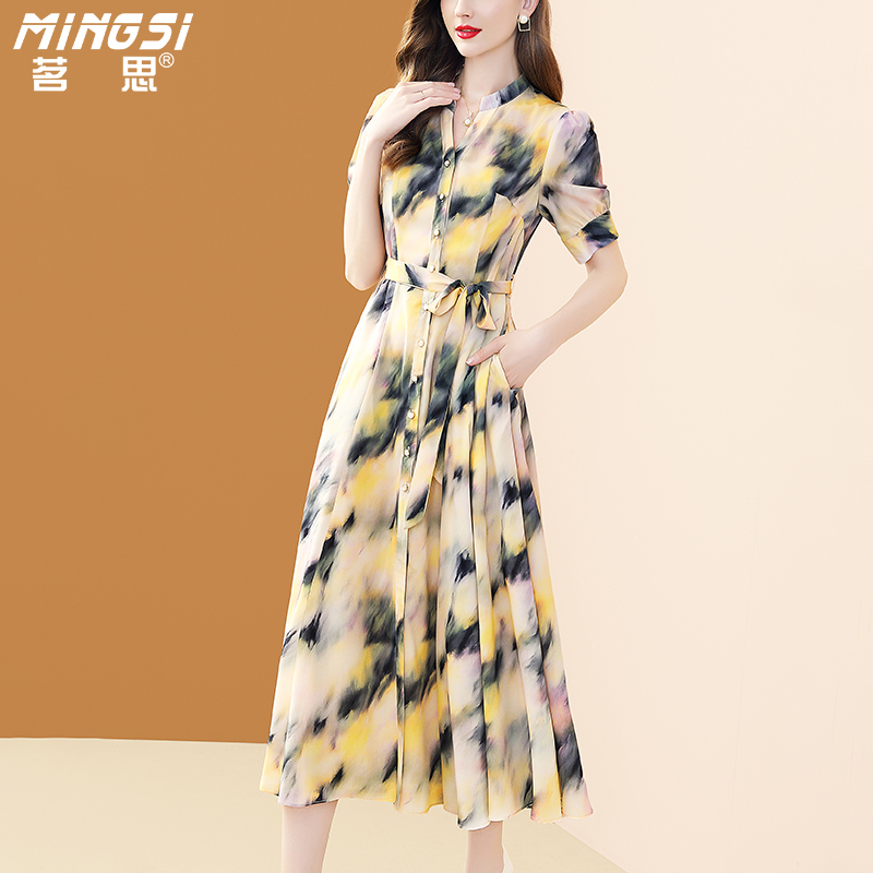 气质印花衬衫V领短袖大摆连衣裙