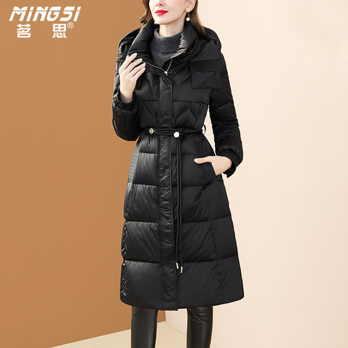 连帽加厚白鹅绒中长款保暖羽绒服