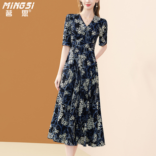 收腰显瘦裙子 优雅气质V领短袖 茗思茶歇印花连衣裙女2025夏季 新款