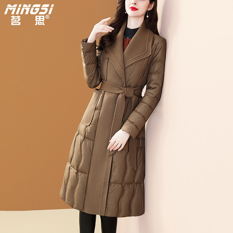 茗思中长款白鸭绒羽绒服女冬2025新款拼接羊毛双面呢加厚保暖外套