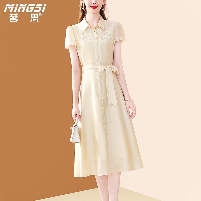 Polo领绣花天丝衬衫连衣裙夏季