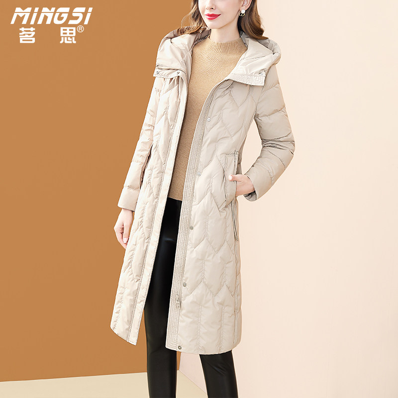 白鸭绒连帽加厚中长款保暖羽绒服