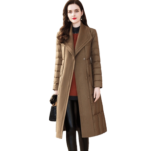 茗思中长款白鸭绒羽绒服女冬2025新款拼接羊毛双面呢加厚保暖外套